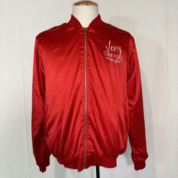 Carolina Herrera Good Gild Custom Red Polyester Bomber Jacket Zip Pockets Sz M/L - Picture 13 of 16
